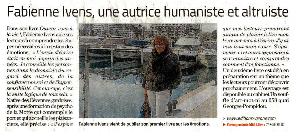 Article Midi Libre 23 décembre 2023 Fabienne Ivens, un autrice humaniste et altruiste