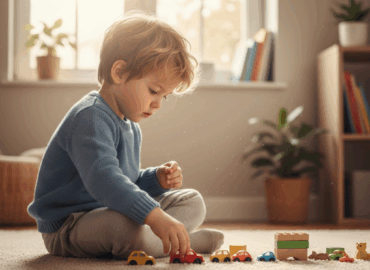 "Enfant alignant ses voitures, illustrant un jeu répétitif. Signe d'alerte du Trouble du Spectre de l'Autisme (TSA) chez le jeune enfant."