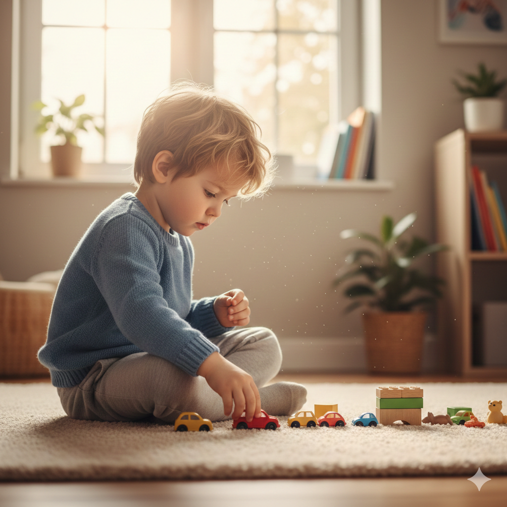 "Enfant alignant ses voitures, illustrant un jeu répétitif. Signe d'alerte du Trouble du Spectre de l'Autisme (TSA) chez le jeune enfant."